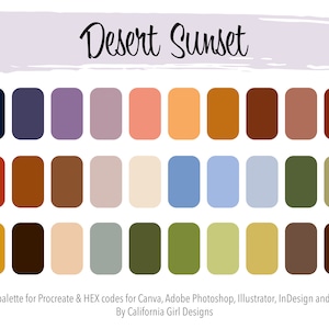Paleta kolorów Desert Sunset dla Procreate i kody HEX dla Adobe Creative Suite i Canva — 30 kolorów w zestawie