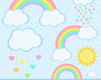 Pastel Rainbows Clipart Set - Rainbows, Clouds, Sun, Hearts, Rain - Perfect for Nursery! Pink, Orange, Yellow, Green, Blue & Purple