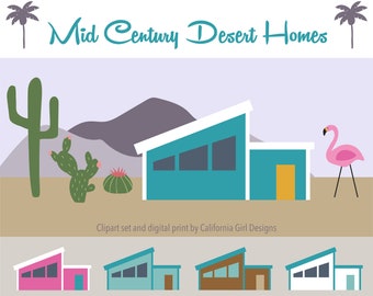 Mid Century Modern Desert Homes Clipart – Palm Springs Style (Digital Download)