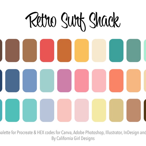 Retro Surf Shack Color Palette for PROCREATE and HEX Codes for Canva and Adobe Creative Suite - 30 Retro and Pastel Colors Included