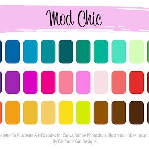 Pode incluir: Uma paleta de cores com o título "Mod Chic" apresentando 30 amostras de cores em uma grade de 3 linhas e 10 colunas. As cores são uma mistura de azuis, roxos, rosas, vermelhos, laranjas, amarelos, verdes e marrons.