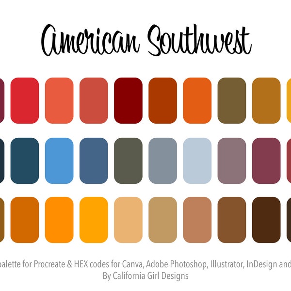 American Southwest Color Palette for PROCREATE and HEX Codes for Canva and Adobe Creative Suite - 30 Colors Included