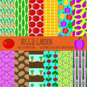 Veggie Garden Digital Paper Pack  - Tomatoes, Carrots, Bell Peppers, Eggplants, Peas, Potatoes, Onions, Corn, Beets, Asparagus, Cucumber