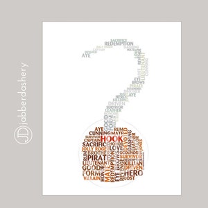 Captain Hook Once Upon A Time Typography 8x10 Fairytales, Wordshape, Wordle, Hook, Killian Jones,  Digital Print, OUAT
