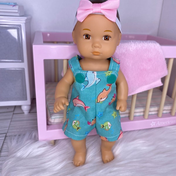 Baby Doll Overalls, made for, 8 inch Doll by American Girl, Short Overalls, 8" Little Bitty Baby, Nautical, Dolphins, Fish, Ocean