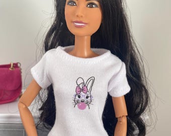 Handmade Doll Shirt: Bunny Rabbit, Coquette Bow Graphic Tee, Fits Barbie Size Fashion Dolls