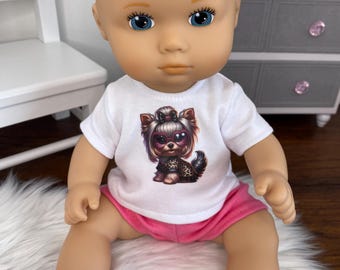 13 Inch Doll Shirt: Yorkie Puppy Animal Print Tee, Fits Bitty Baby Splash