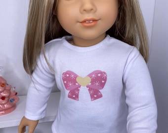 Handmade Christmas Doll Shirt, Pink Coquette Bow, Fits 18 inch American Girl Doll