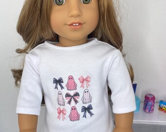 Halloween Doll Shirt: Pink Bow Ghost Graphic - Fits American Girl 18 inch