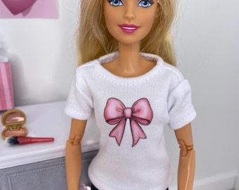 Handmade Doll Shirt: Pink Coquette Bow Graphic Tee, Fits Barbie