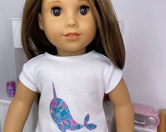 18 Inch Doll Shirt: Preppy Narwhal Graphic Tee, Fits American Girl Doll