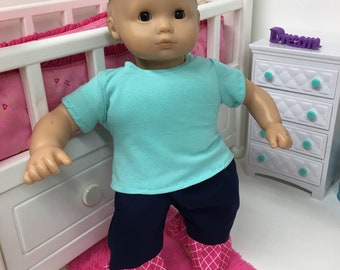Handmade 15-inch Doll Clothes: Teal Shirt & Ruffled Pants, Fits Bitty Baby