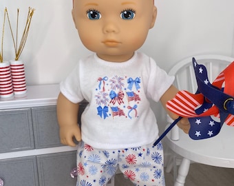 13 Inch Doll Outfit, Patriotic Fireworks Shirt and Shorts, Fits Bitty Baby Splash