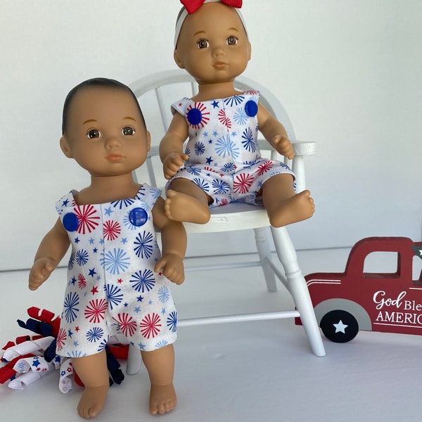 Baby Doll Overalls, made for, 8 inch Doll by American Girl, Short Overalls, 8" Little Bitty Baby, Sparklers, Patriotic,  Blix Doll