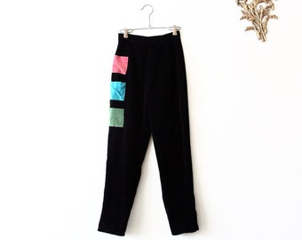 womens vintage trousers - 80s high waisted colorblock velvet pant - small