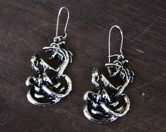 NOS naked woman and snake dangle earrings - dragon serpent jewelry