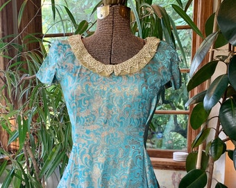 60s turquoise and gold silk brocade dress - vintage mod cocktail dress - medium