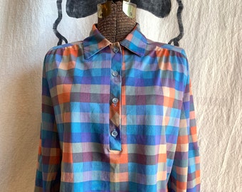 70s pastel checkered camp shirt - long sleeve blouse - medium