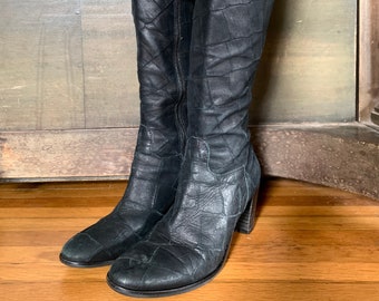 90s black leather knee high boots - tall calf boots size 6