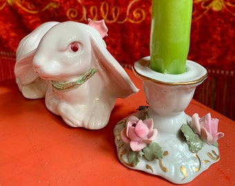 Vintage white rabbit ceramic candlestick holder set