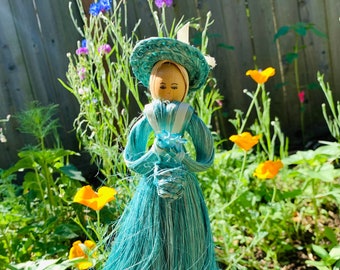 vintage Russian straw flower girl doll - garden decor - vintage figurine