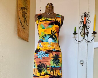 90s Hawaiian island maxi dress - sleeveless tropical bodycon dress medium