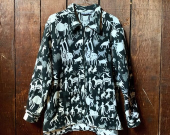 90s black and white animal pattern jacket - folk art tapestry coat - small medium
