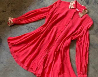 vintage scarlet mini dress - sheer chiffon holiday long sleeve button front dress - xs small