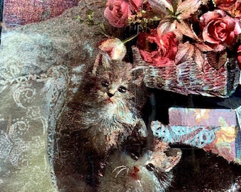 80s kittens and roses foil print wall hanging - contemporary art - decoupage wood plaque