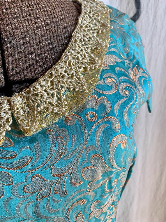 60s turquoise and gold silk brocade dress - vinta… - image 8