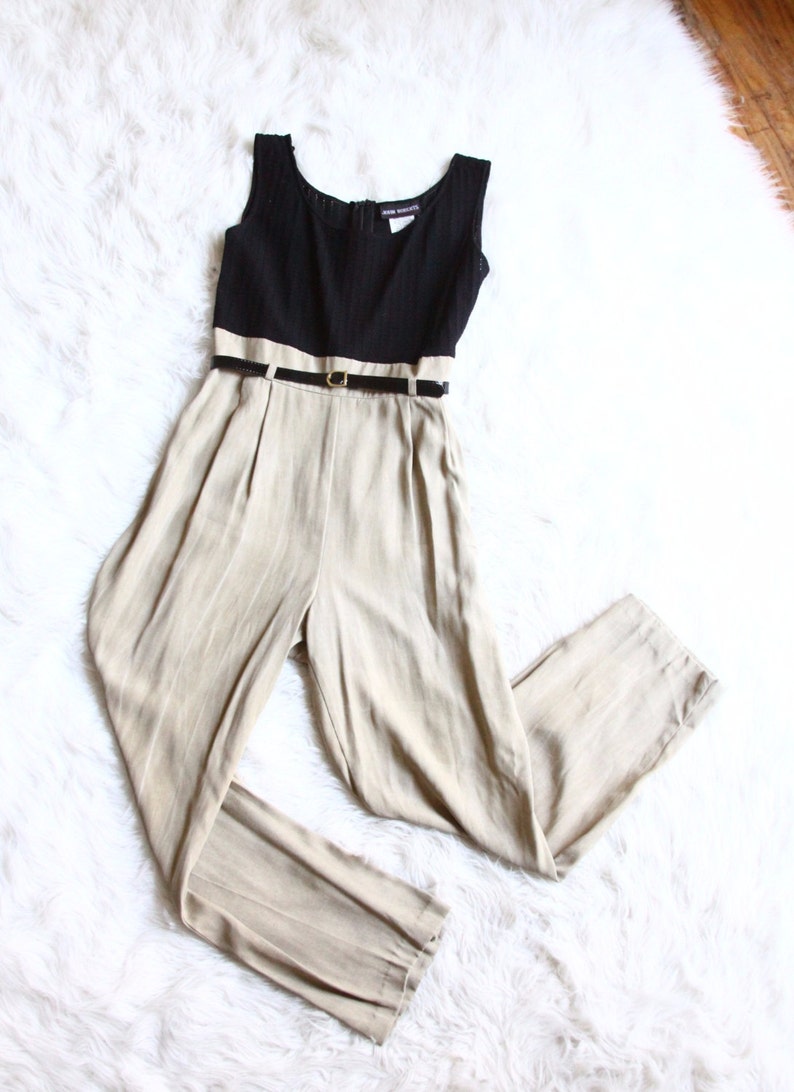 90s jumpsuit beige and black minimalist romper skinny leg trousers onesie overalls medium size 6 image 2