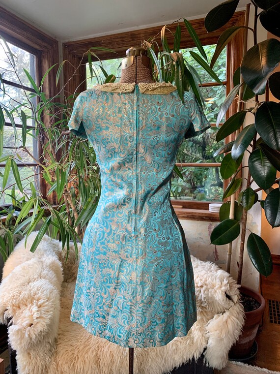60s turquoise and gold silk brocade dress - vinta… - image 4