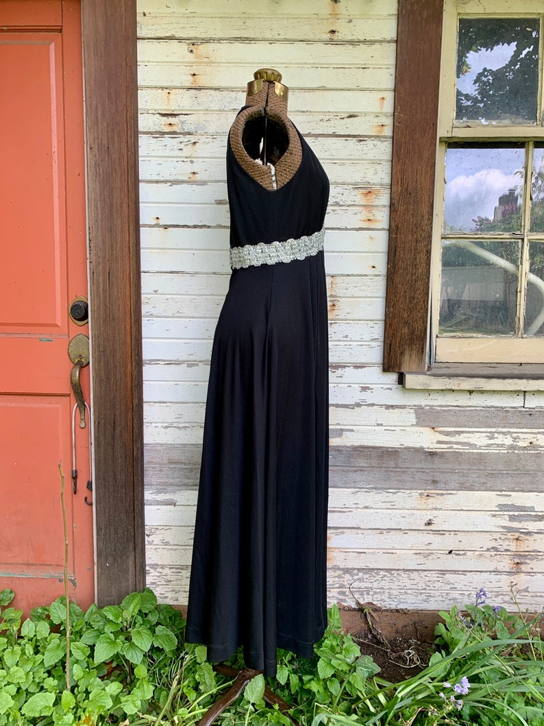 70s Disco Maxi Long Black Dress Iridescent Empire Waist Sleeveless ...