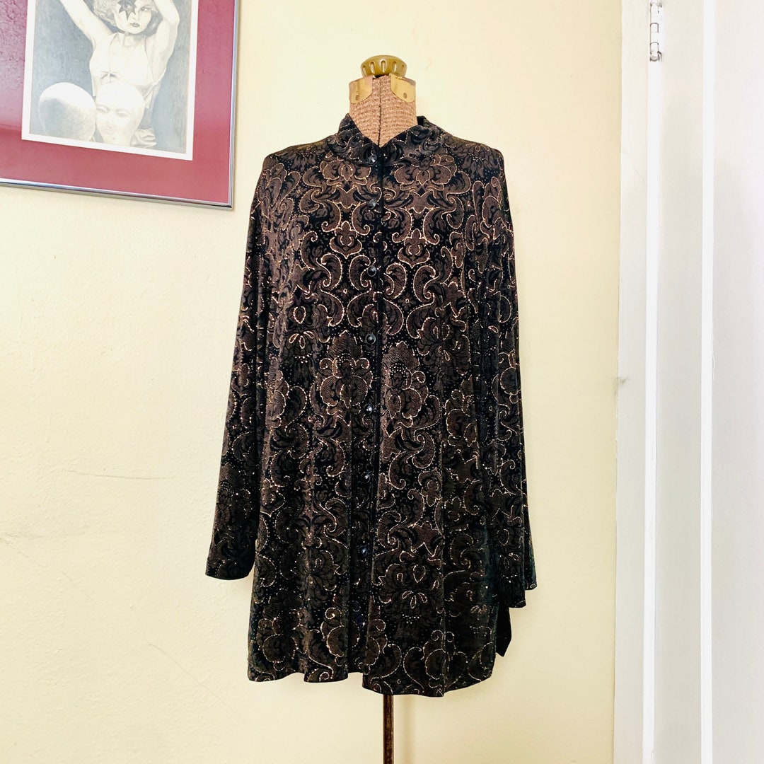 90s Slinky Black and Gold Sparkle Button up Blouse Size 2XP Etsy