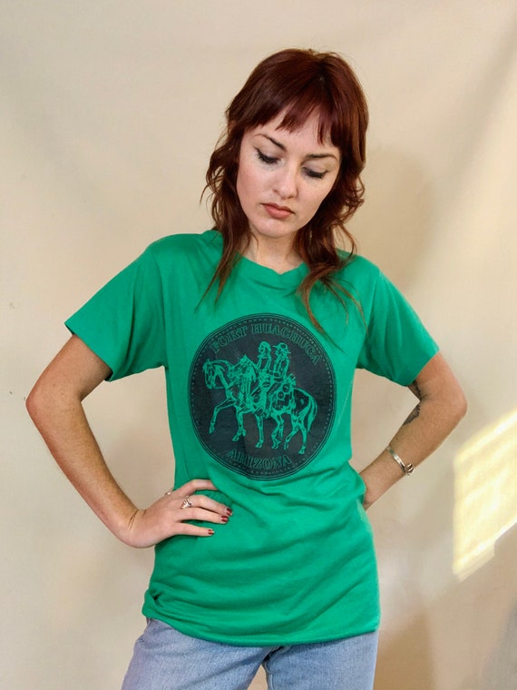 80s green graphic tee - cowboy and indian western… - image 3