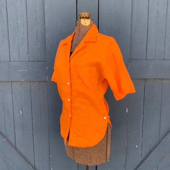 70s orange linen collared button up shirt - medium - image 6