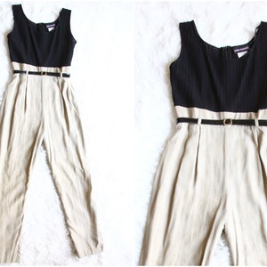 90s jumpsuit beige and black minimalist romper skinny leg trousers onesie overalls medium size 6 image 1