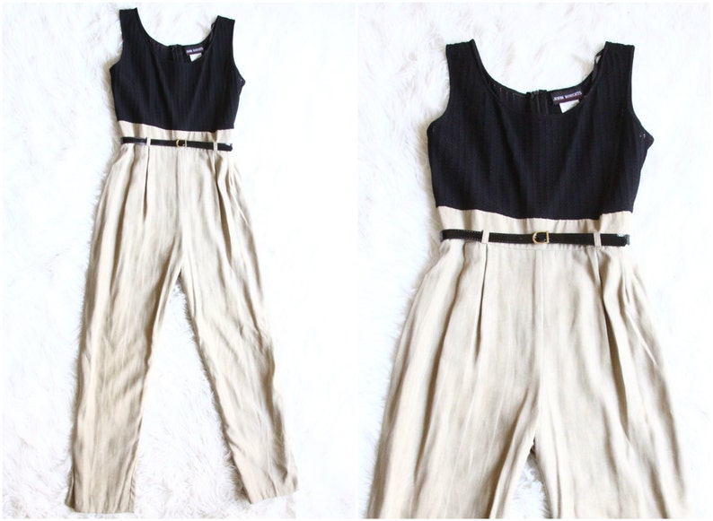 90s jumpsuit beige and black minimalist romper skinny leg trousers onesie overalls medium size 6 image 1