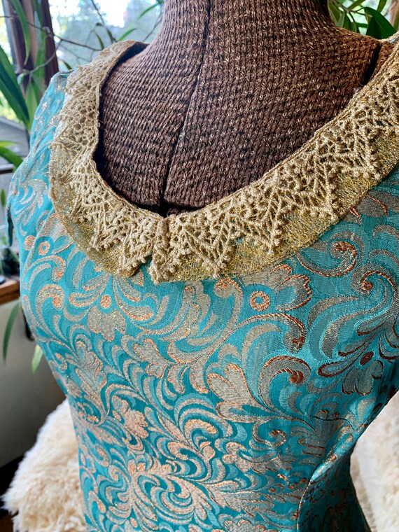 60s turquoise and gold silk brocade dress - vinta… - image 6