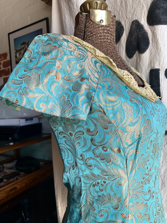 60s turquoise and gold silk brocade dress - vinta… - image 7