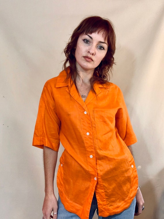 70s orange linen collared button up shirt - medium - image 3