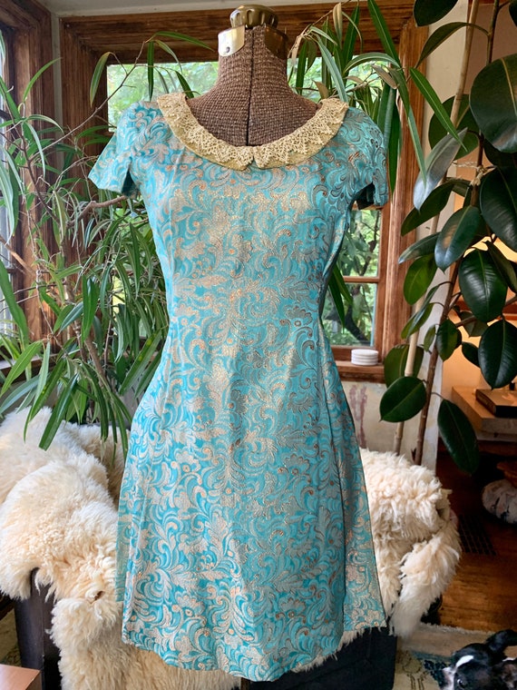 60s turquoise and gold silk brocade dress - vinta… - image 2