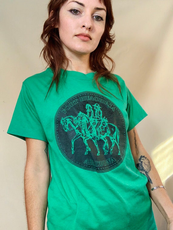 80s green graphic tee - cowboy and indian western… - image 2