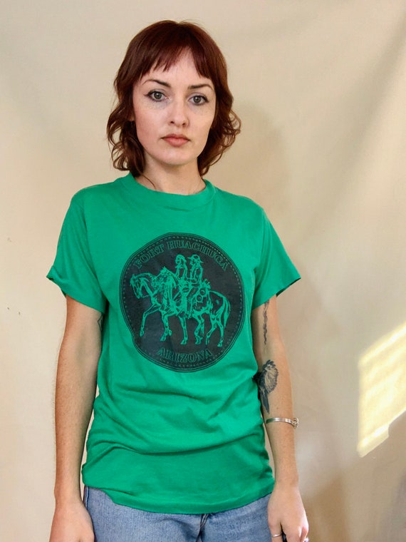80s green graphic tee - cowboy and indian western… - image 4