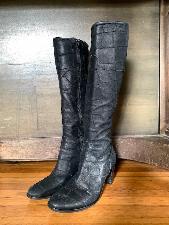 90s Black Leather Knee High Boots Tall Calf Boots Size 6 Etsy