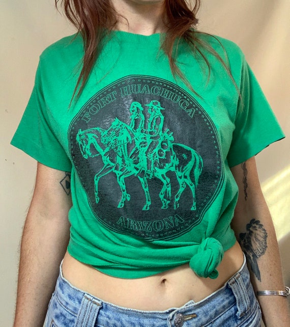 80s green graphic tee - cowboy and indian western… - image 10