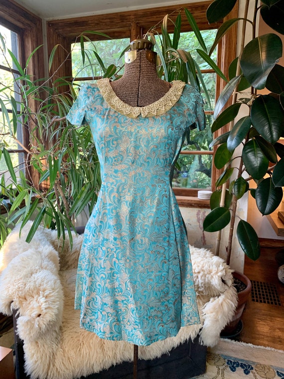 60s turquoise and gold silk brocade dress - vinta… - image 1