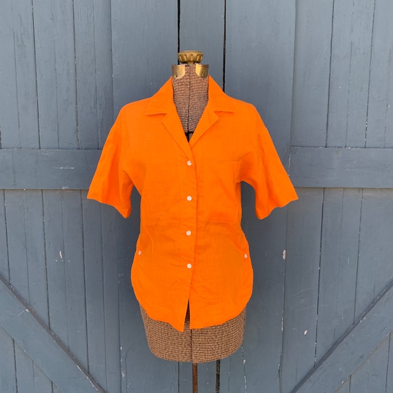 70s orange linen collared button up shirt - medium