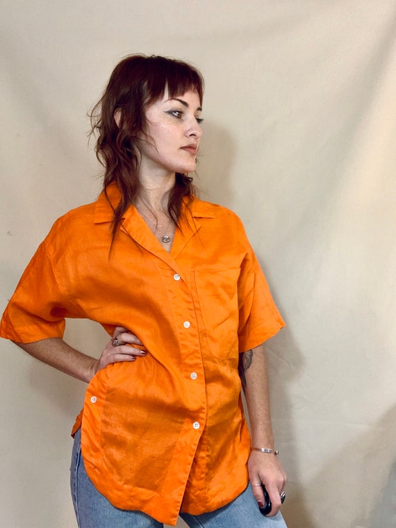 70s orange linen collared button up shirt - medium - image 2
