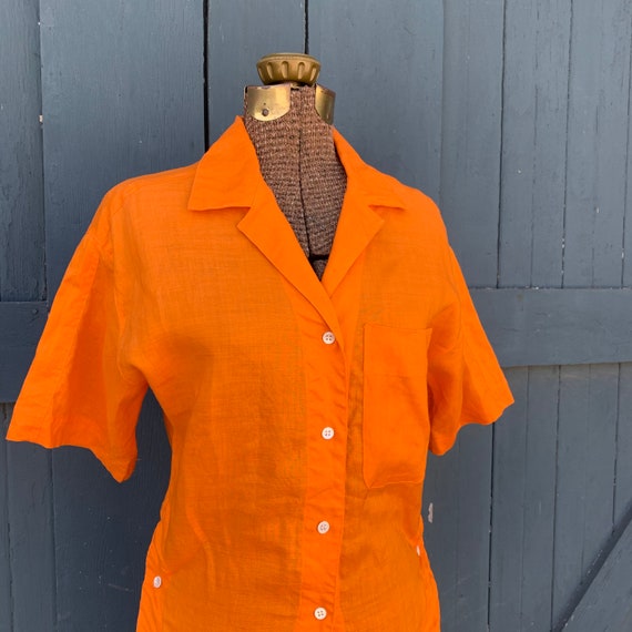 70s orange linen collared button up shirt - medium - image 8
